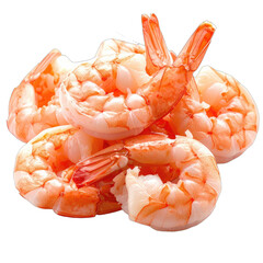A pile of cooked, peeled shrimp against a solid black background.