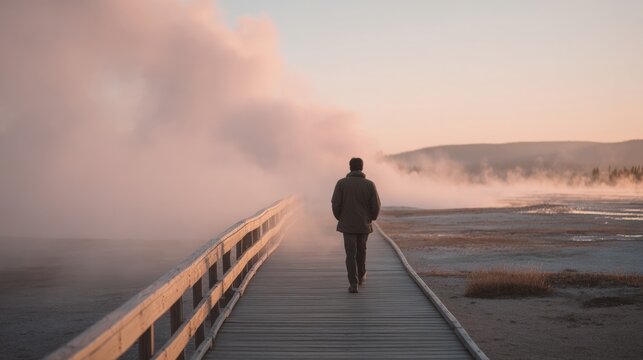 Man walking on a wooden boardwalk that extends into the distance. he is wearing a brown jacket and pants and is facing away from the camera.