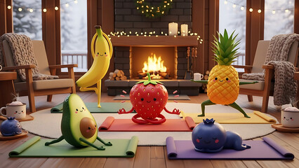 Funny fruits doing yoga by fireplace