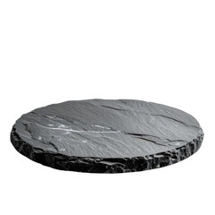 A rustic, round slate serving platter isolated on a solid black background.