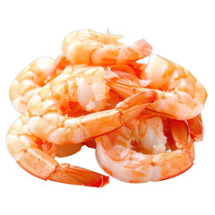 A mound of cooked, peeled shrimp isolated on a stark black background.