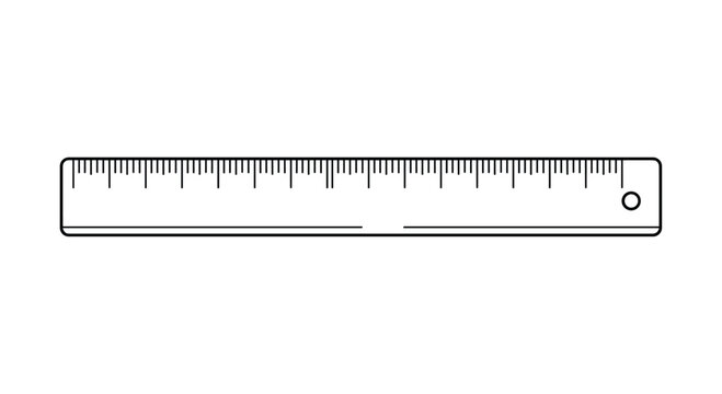 Basic black and white line drawing of a standard metric ruler showing measurement markings for school supplies and architectural tool icons.