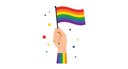 Fototapeta premium Human hand holding a rainbow pride flag high with colorful confetti and stars for lgbtq rights celebration and diversity awareness concepts.