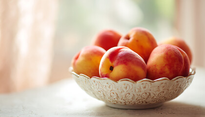Radiant summer peaches nestled in a golden rimmed bowl on marble with a dreamy pastel glow.
