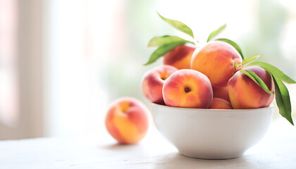 Radiant summer peaches nestled in a golden rimmed bowl on marble with a dreamy pastel glow.