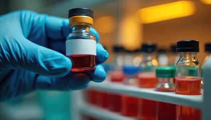 Blue gloved hand holds small vial with red liquid. Rack of test tubes with colored fluids sits in lab. Medical research and diagnostics in science.