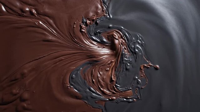 Dark chocolate swirling with metallic liquid in a mesmerizing close-up abstract scene