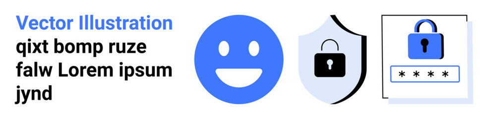 Fototapeta premium Cybersecurity, data protection, online privacy, user authentication, digital security, internet safety. Blue happy face, shield with a lock and lock icon with password entry. Cybersecurity and data