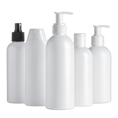 A group of five white plastic cosmetic or personal care product bottles against a black background.