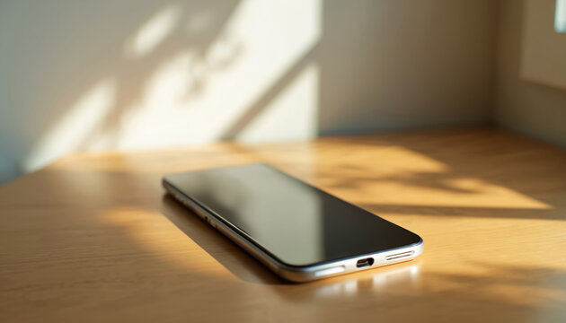 Smartphone rests on a wooden table. Soft sunlight streams through a window casting leaf shadows. The device looks modern and clean, perfect for tech or lifestyle content.