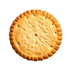 Macro photograph of a single round, golden-brown cracker against a solid black background.