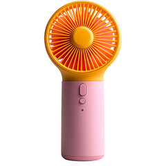 A vibrant portable handheld fan with orange blades and a pink handle, offering personal cooling on a hot day.