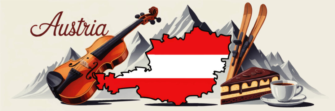 Austria travel illustration with violin, mountain landscape, ski equipment, Sachertorte cake, coffee and Austrian flag map