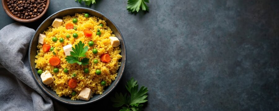 Yellow semolina dish with peas carrots and paneer cubes served in bowl. Healthy Indian breakfast closeup with copy space for text. Delicious vegetarian meal preparation.