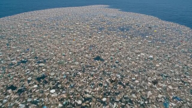 Aerial drone view of massive floating plastic ocean garbage patch