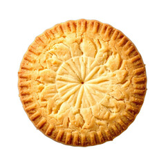 A detailed top-down view of a richly patterned shortbread cookie against a solid black background.