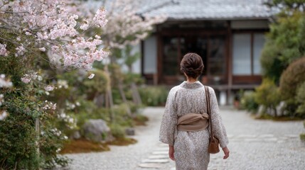 Woman walking on a gravel path in a garden. she is wearing a long, light-colored dress with a floral pattern and carrying a brown purse.