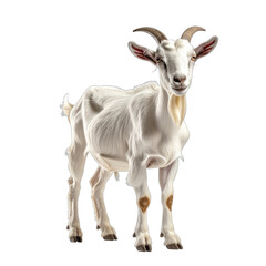 Fototapeta premium A majestic white goat with curved horns stands against a stark black background.