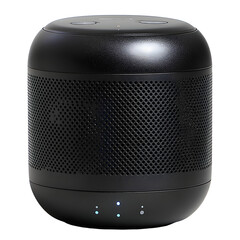 Modern black wireless speaker with subtle blue indicator lights, perfect for smart home audio.