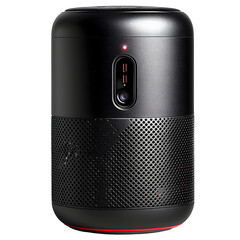 Sleek black cylindrical smart speaker with a glowing red indicator light, showcasing modern audio technology.
