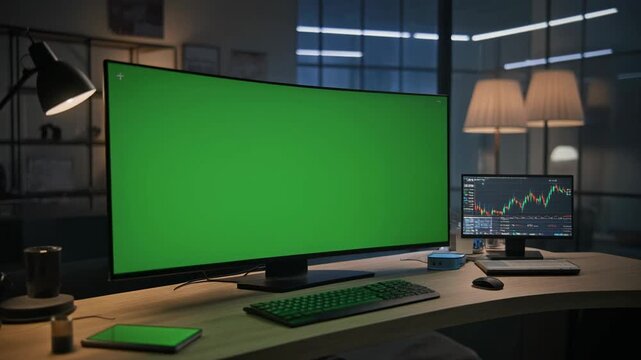 Modern trading desk with curved ultrawide monitor and stock charts on secondary screen