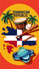 Dominican Republic travel illustration with flag map, tropical beach, palm trees, baseball bats, drum, Caribbean tourism concept art