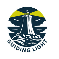 Guiding Light lighthouse logo design with beacon, rocky coast and ocean waves in modern minimal navy and yellow badge style