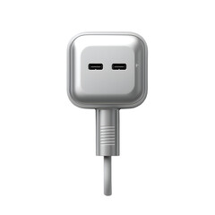 Modern silver USB-C charger with dual ports, offering convenient power for devices.