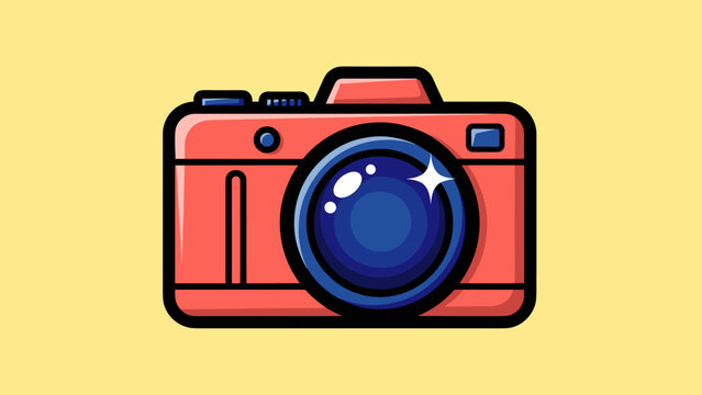 Illustration of a red camera with a blue lens on a yellow background.