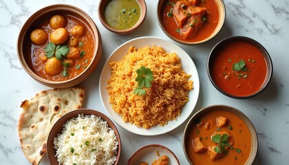 Assortment of Indian dishes like curries and rice served with flatbread. Aromatic spices and fresh herbs garnish the vibrant meal. Delicious traditional cuisine for lunch or dinner.