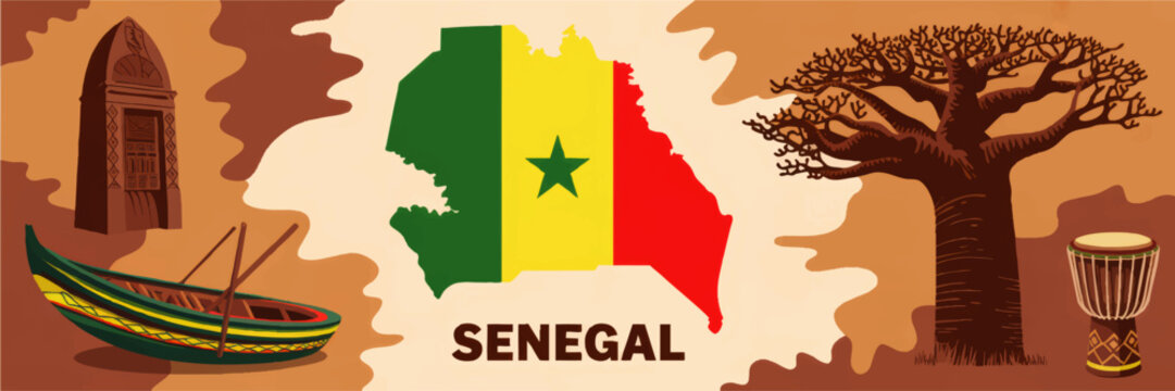 Senegal culture illustration with map in national flag colors, baobab tree, African drum, traditional pirogue boat and historical monument