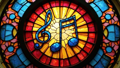 Obraz premium Colorful stained glass artwork features musical notes, sunburst pattern. Vibrant glass pieces form circular mosaic with treble clef, eighth notes. Decorative art glass shines with bright reds,