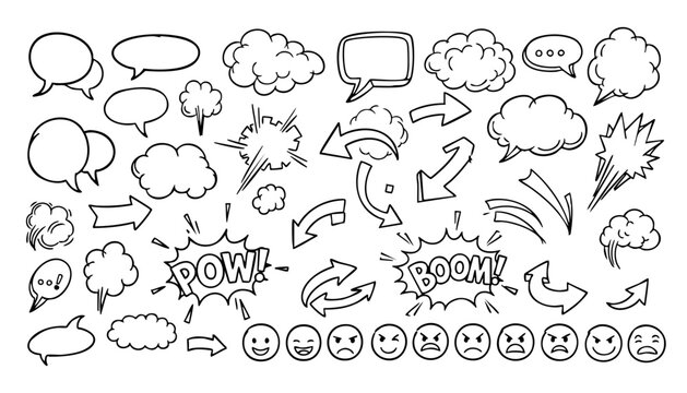 Comic boom cartoon effect line element set. Comic speech bubble pow, boom text, explosive splash smoke, wow cartoon vector icon. Hand drawn sketch doodle explosive element. Vector illustration. EPS.