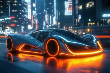 Futuristic car with neon lights in a bustling city at night during a rainy evening