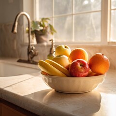 Fresh fruit bowl on kitchen counter with apples, bananas, and oranges, illuminated by sunlight. AI-generated image