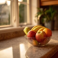 Fresh fruit bowl on kitchen counter with apples, bananas, and oranges, illuminated by sunlight. AI-generated image