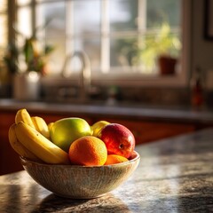 Fresh fruit bowl on kitchen counter with apples, bananas, and oranges, illuminated by sunlight. AI-generated image