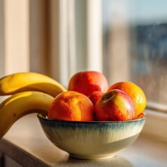 Fresh fruit bowl on kitchen counter with apples, bananas, and oranges, illuminated by sunlight. AI-generated image
