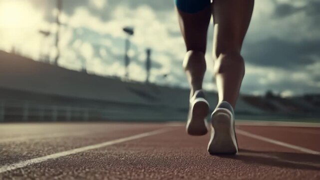 Athlete running on track close up on shoe motion blur stadium background athletic training speed determination