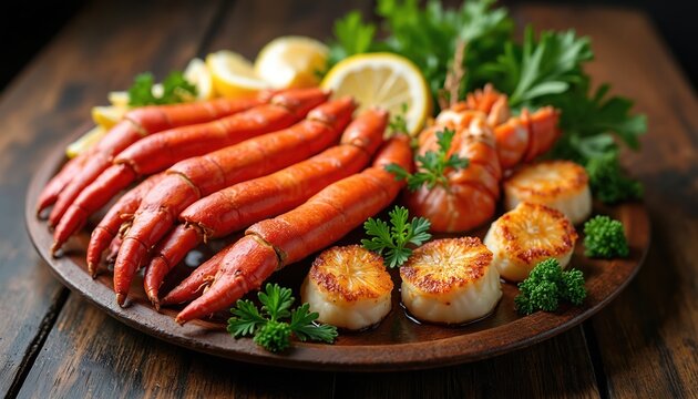 Large king crab legs, lobster tails, and seared scallops arranged on a wooden plate. Garnished with fresh parsley and lemon slices, this gourmet seafood platter looks delicious.