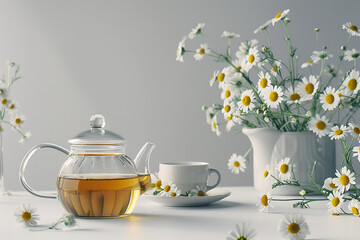 Chamomile tea in a glass teapot and cup with chamomile flowers