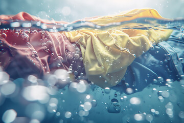 Floating t-shirts and shirts underwater with bubbles and splashes in the washing machine