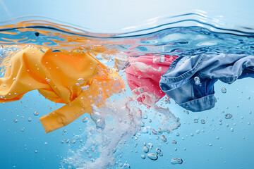 Floating t-shirts and shirts underwater with bubbles and splashes in the washing machine
