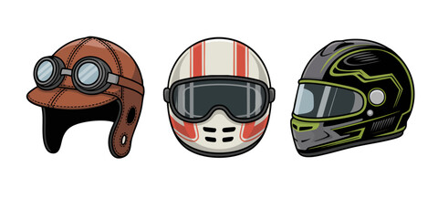 Vintage and modern motorcycle helmets collection illustration, racing and biker safety gear icons on transparent background