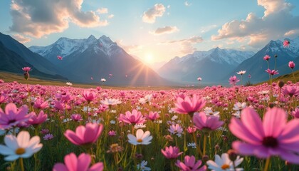 Fototapeta premium Field full of pink and white cosmos flowers at sunset with mountains behind. Sun rays shine through clouds over grassy valley. Peaceful natural landscape background, gentle bloom.