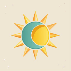 Stylized sun and moon illustration with yellow rays and teal crescent shape.
