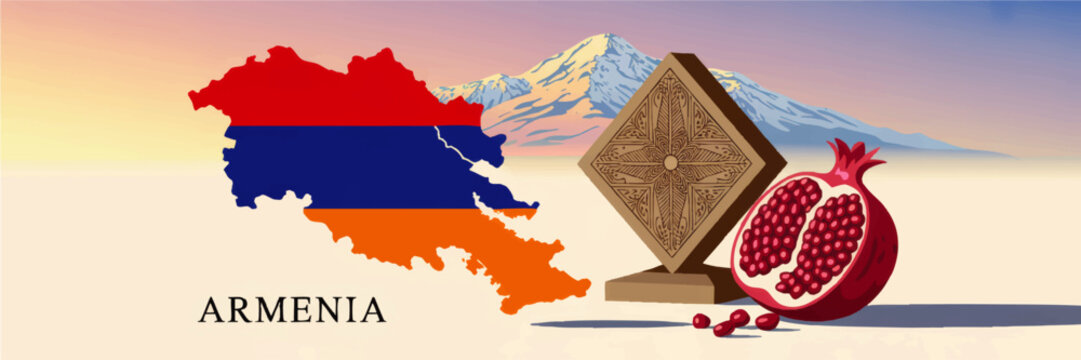 Armenia travel banner with flag map, Mount Ararat landscape, khachkar cross stone and pomegranate fruit illustration