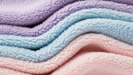 Stack of pastel colored fleece blankets in shades of purple, blue, and pink