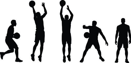 Basketball player action silhouettes isolated on white background showing dribbling jumping shooting passing and standing athletic sports poses © Moniruzzaman