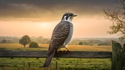 Bird of prey resting on a wooden fence in an outdoor rural setting, highlighted by natural light to show calm wildlife behavior and textured wood surface